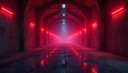 Arched Concrete Tunnel with Red Lights Leading to Fogの写真素材