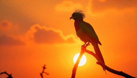Exotic bird silhouetted against a vibrant sunrise backgroundの写真素材