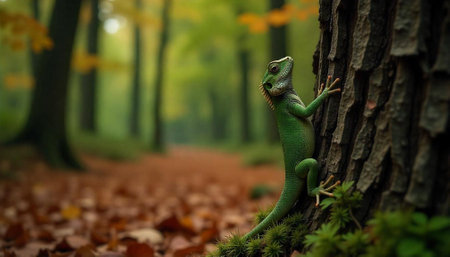 Green lizard climbing tree in a peaceful autumn forestの写真素材