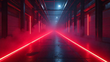 Abstract futuristic corridor with neon lights and smoke effect
