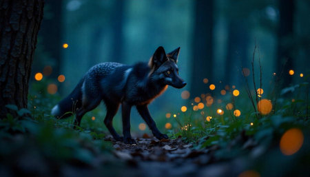 Silver fox walking through the enchanting forest at twilight