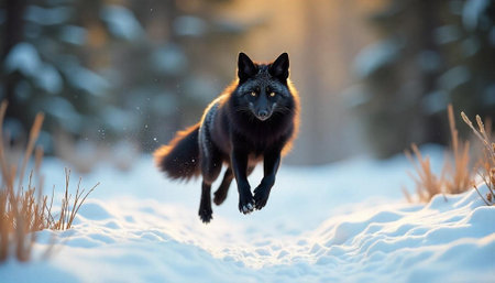 Black fox leaping through a snowy winter landscape sceneの写真素材