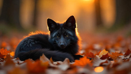 Majestic black fox resting amongst autumnal leaves at sunsetの写真素材