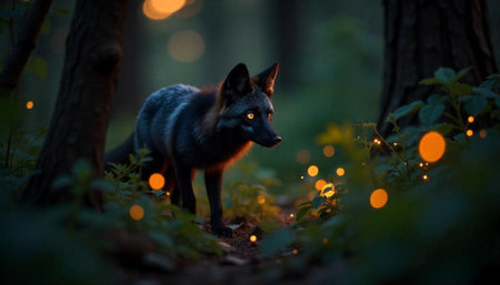 Mystical dark fox in forest with glowing fireflies at night