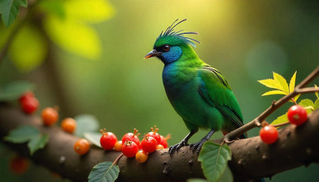 Vibrant green bird perches on a branch with berriesの写真素材