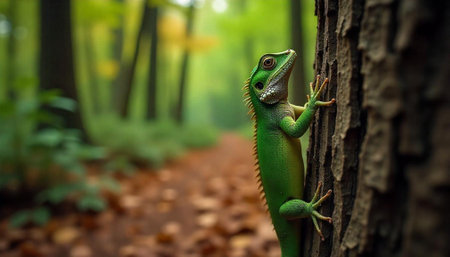 Vibrant green lizard climbing tree trunk in blurred forest