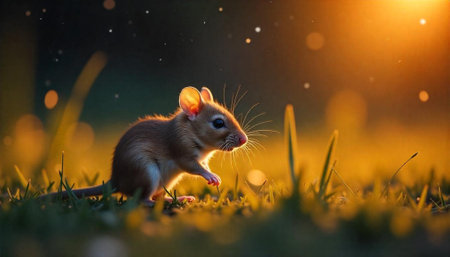 Charming mouse in the evening light on the grass