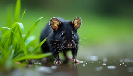 Curious black mouse exploring a watery landscape outdoorの写真素材