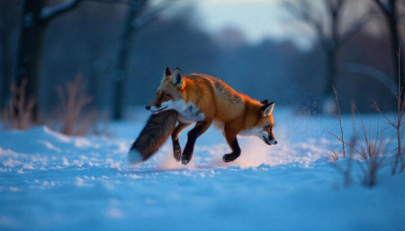 Two red foxes leap through fresh snow in winter