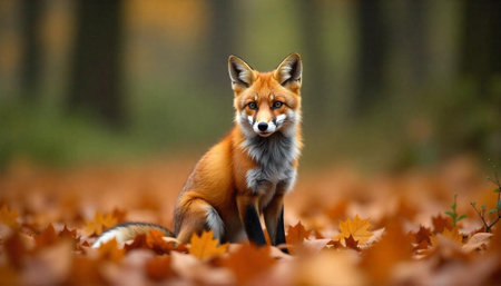 Fox sitting in autumn leaves looking at camera