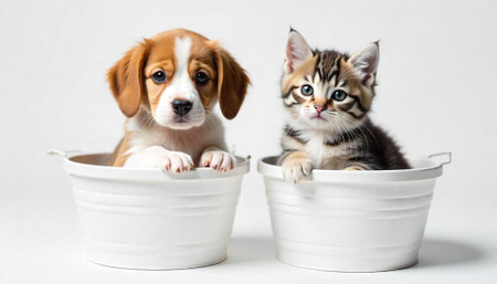 Adorable puppy and kitten portrait in white buckets side-by-sideの写真素材