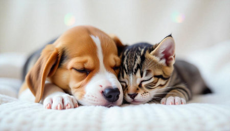 Sleeping Puppy and Kitten Cuddling Together in Peaceful Harmony