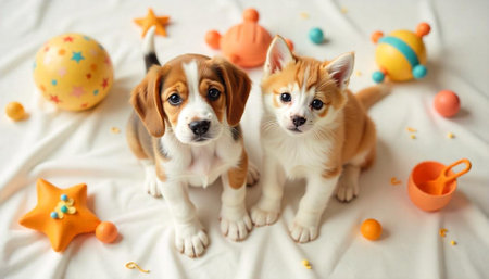 Cute Beagle puppy and orange tabby kitten with toys