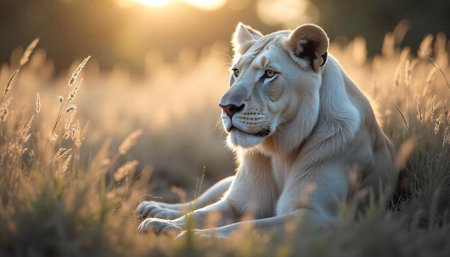 Majestic white lioness resting in a golden grassy fieldの写真素材