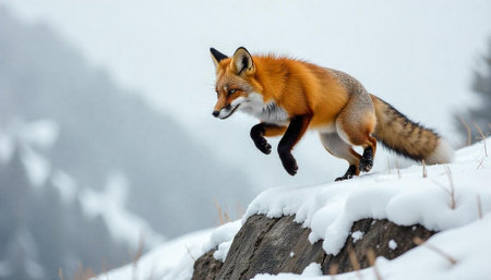 Red fox leaping in winter snowy forest landscapeの写真素材