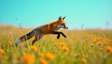 Fox leaps through sunlit meadow with yellow wildflowersの写真素材