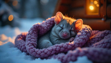 Cozy sleeping mouse wrapped in pink knitted blanket outdoorsの写真素材