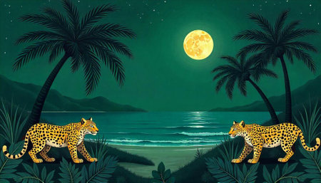 Tropical night beach scene with jaguars and full moon