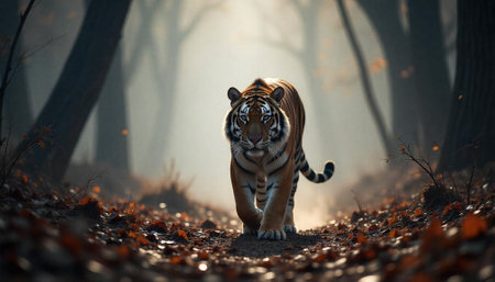 Bengal tiger walking in autumnal forest on foggy morningの写真素材