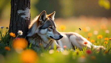 Lone wolf rests in a meadow of blooming flowers