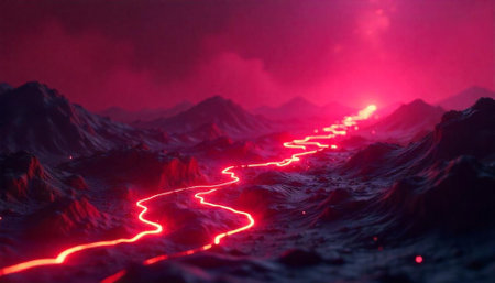 Luminous path winding through dark mountain landscape sceneryの写真素材