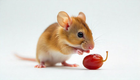 Adorable golden mouse holding a red grape portrait