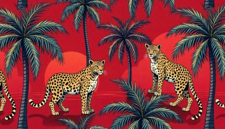 Leopards and palm trees against a vibrant red backgroundの写真素材