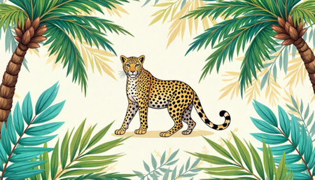 Illustrated leopard framed by tropical plants in soft lighting