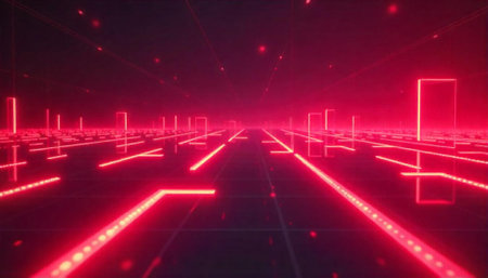 Abstract red grid background with glowing lines and shapes