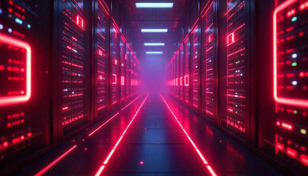 Neon lit server room hallway with data processing themeの写真素材
