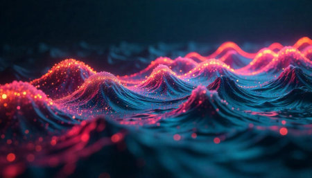 Abstract glowing waves with vibrant light particles and textureの写真素材