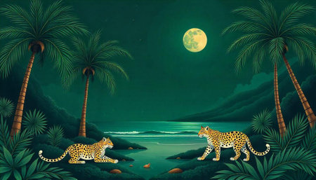 Leopards at night with full moon and palmsの写真素材