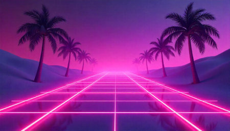 Retro synthwave tropical landscape with neon grid road