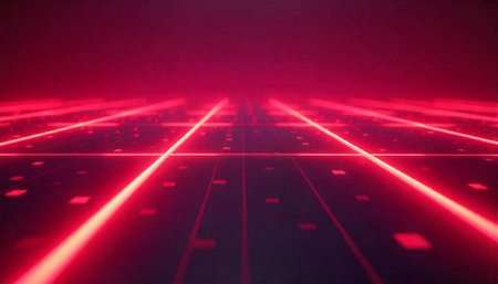 Abstract red digital grid background with futuristic laser beamsの写真素材