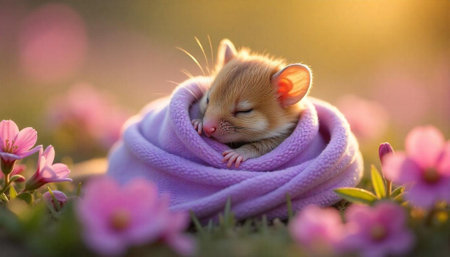 Sleeping mouse in a blanket among blooming flowers