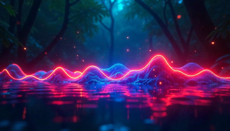 Neon wave reflects in dark forest lake surfaceの写真素材