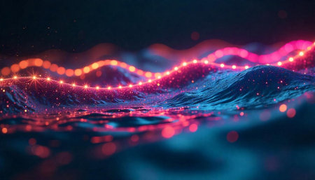 Abstract flowing light waves over textured blue landscapeの写真素材