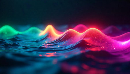 Colorful glowing waves against dark background in modern artの写真素材