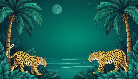 Tropical night illustration with jaguars and palm trees sceneの写真素材