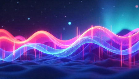 Abstract neon waves emanating from textured landscape background