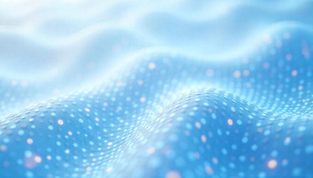 Abstract wavy surface with glowing particles on light blueの写真素材