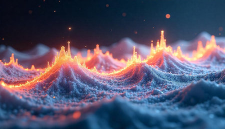 Abstract landscape of glowing peaks on a textured surface