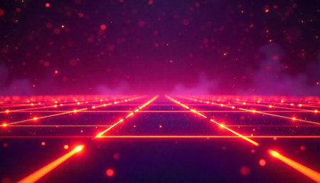 Retro neon grid abstract background with particles and glowの写真素材
