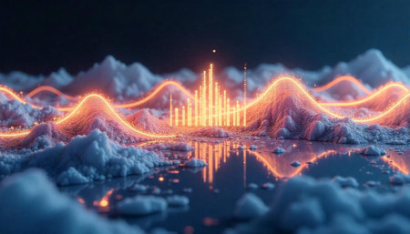 Abstract digital landscape with luminous waves and data visualizationの写真素材