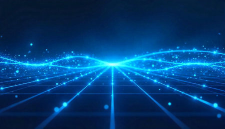 Abstract blue network of digital connection with glowing lightの写真素材