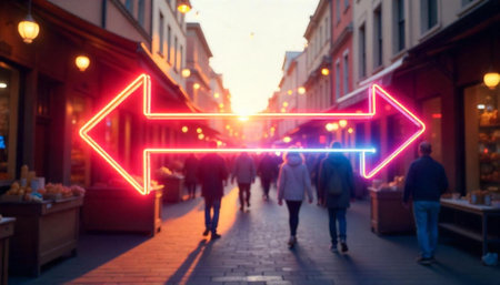 Blurred city street with neon arrow pointing both waysの写真素材