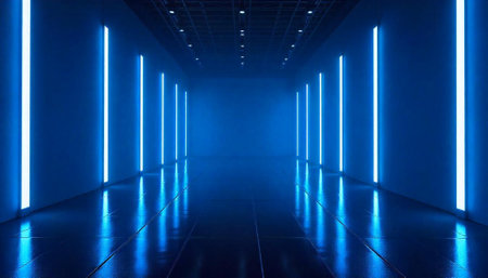 Abstract corridor with glowing blue neon lights and reflections