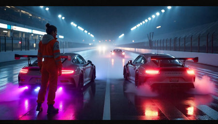 Two racing cars competing on wet race track at night
