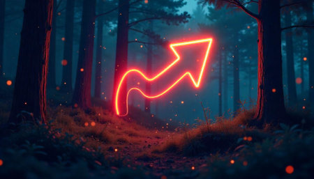 Neon arrow growth in enchanting misty forest illustrationの写真素材