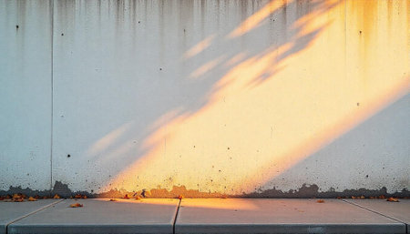 Abstract Concrete Wall with Shadows and Autumn Leavesの写真素材